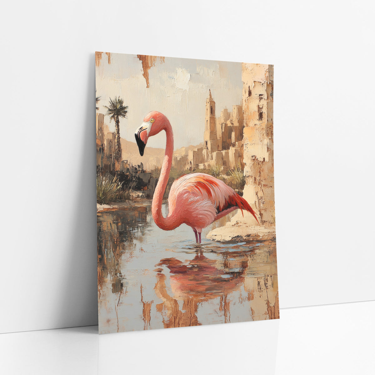 Coral Flamingo Palm Tower Boho art print leaning against a white wall – pink flamingo standing in a desert oasis pool