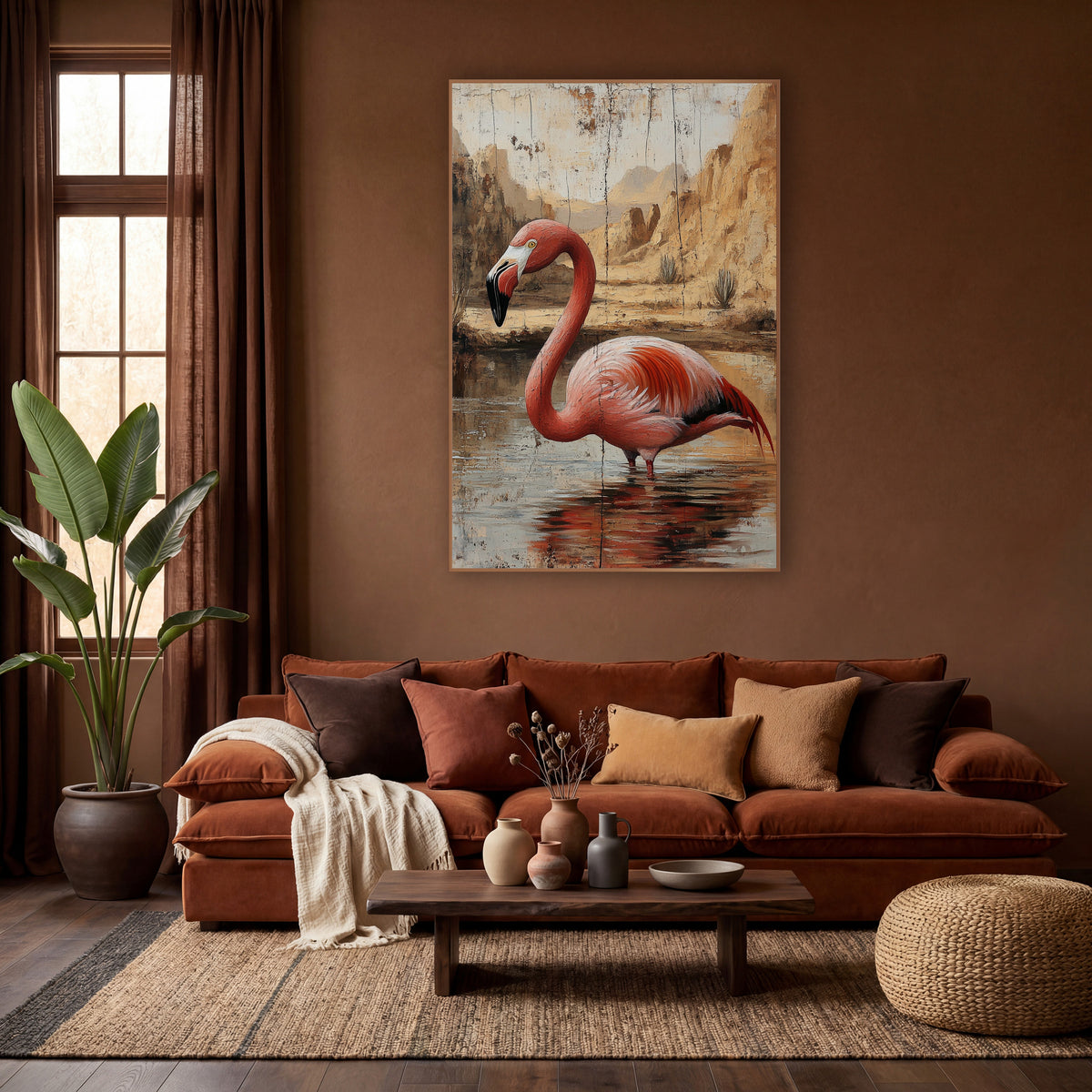 Flamingo Cracked Canyon Rustic wall art in a warm boho-style room – coral-pink flamingo wading in a shallow desert