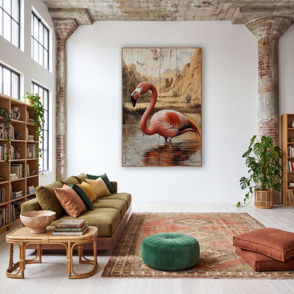 Flamingo Cracked Canyon Rustic wall art in a warm boho-style room – coral-pink flamingo wading in a shallow desert