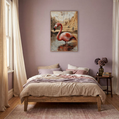 Flamingo Cracked Canyon Rustic wall art in a warm boho-style room – coral-pink flamingo wading in a shallow desert