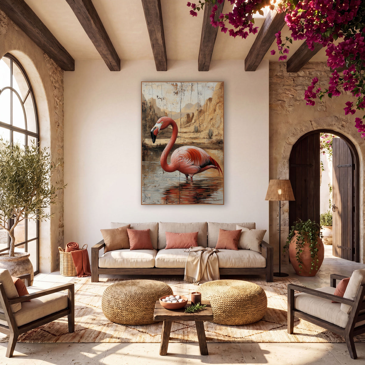 Flamingo Cracked Canyon Rustic wall art in a warm boho-style room – coral-pink flamingo wading in a shallow desert