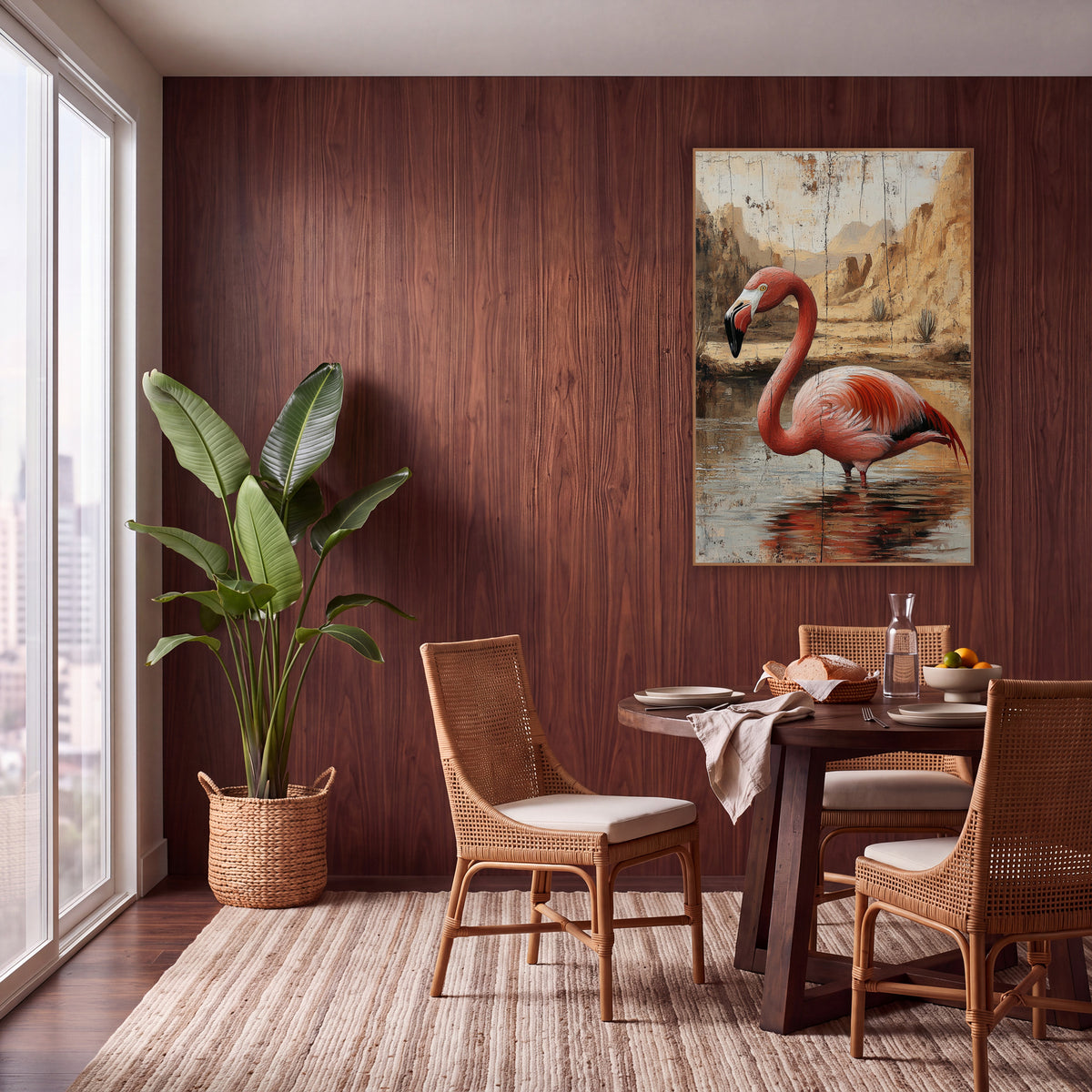 Flamingo Cracked Canyon Rustic wall art in a warm boho-style room – coral-pink flamingo wading in a shallow desert