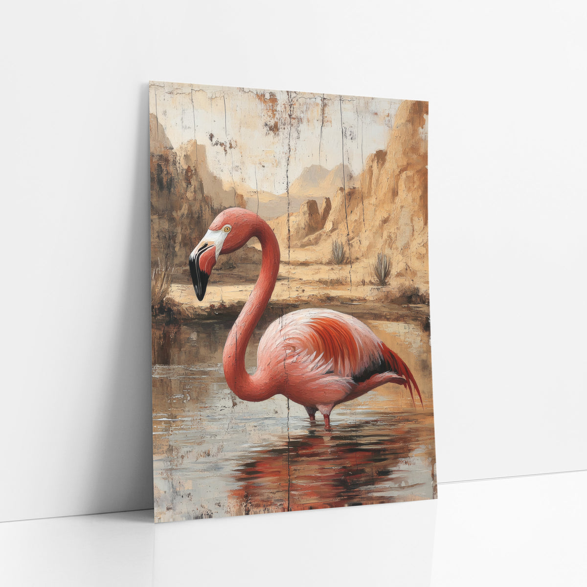 Flamingo Cracked Canyon Rustic art print leaning against a white wall – coral-pink flamingo wading in a shallow desert pool