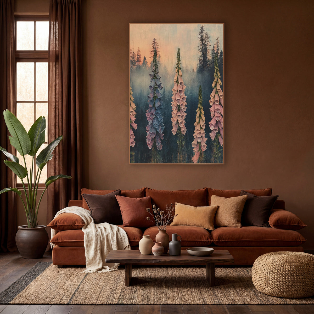 Misty Foxglove Spires Boho Botanical wall art in a warm boho-style room – five tall pink and blue foxglove spikes