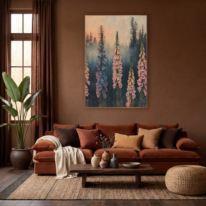 Misty Foxglove Spires Boho Botanical wall art in a warm boho-style room – five tall pink and blue foxglove spikes