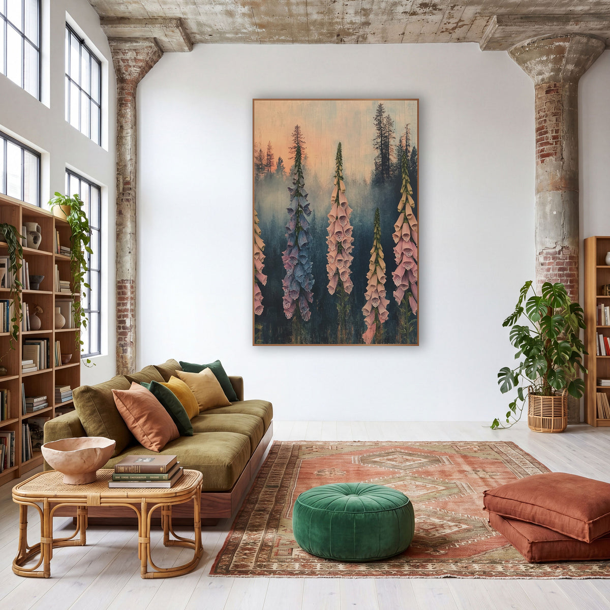 Misty Foxglove Spires Boho Botanical wall art in a warm boho-style room – five tall pink and blue foxglove spikes