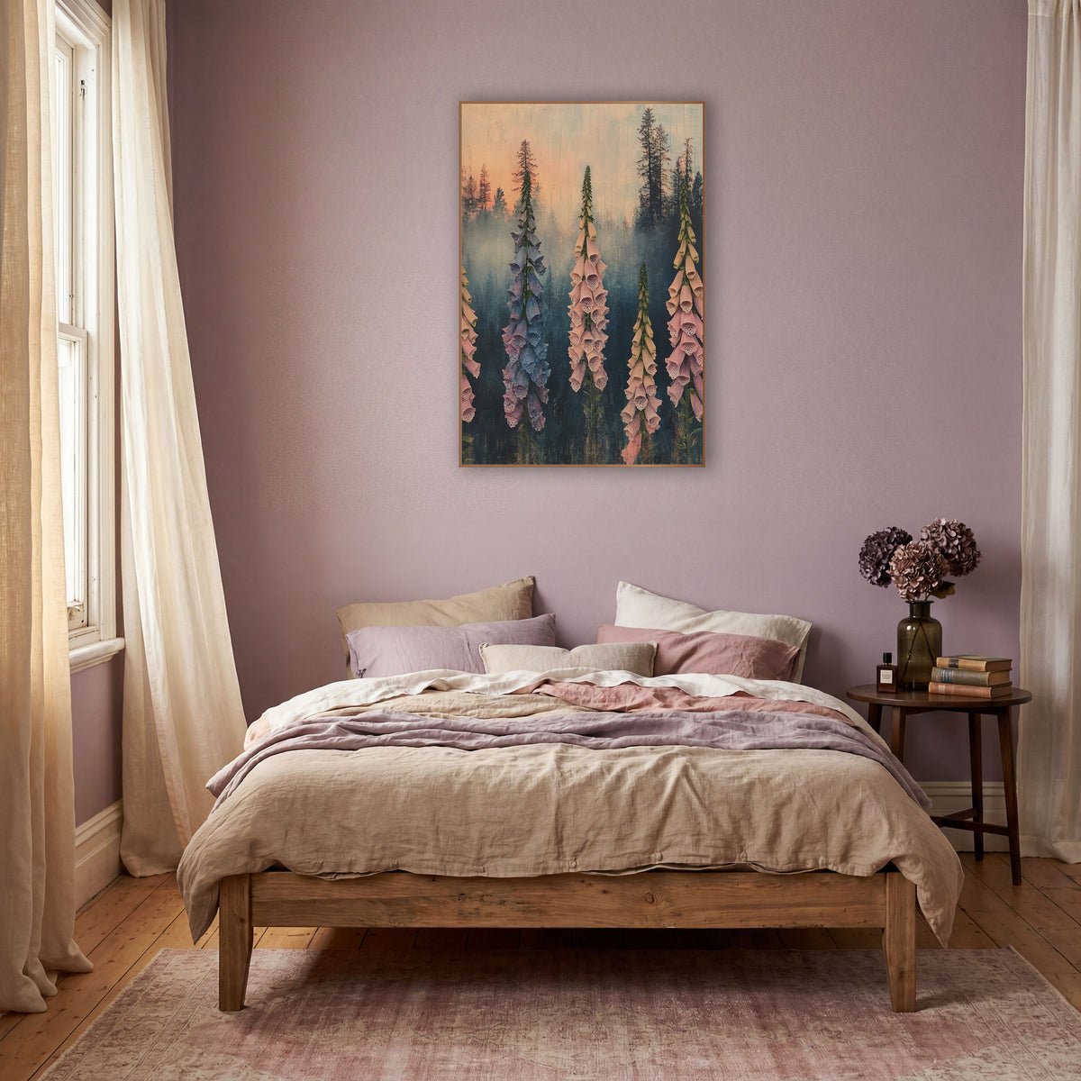 Misty Foxglove Spires Boho Botanical wall art in a warm boho-style room – five tall pink and blue foxglove spikes