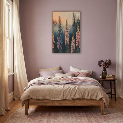 Misty Foxglove Spires Boho Botanical wall art in a warm boho-style room – five tall pink and blue foxglove spikes