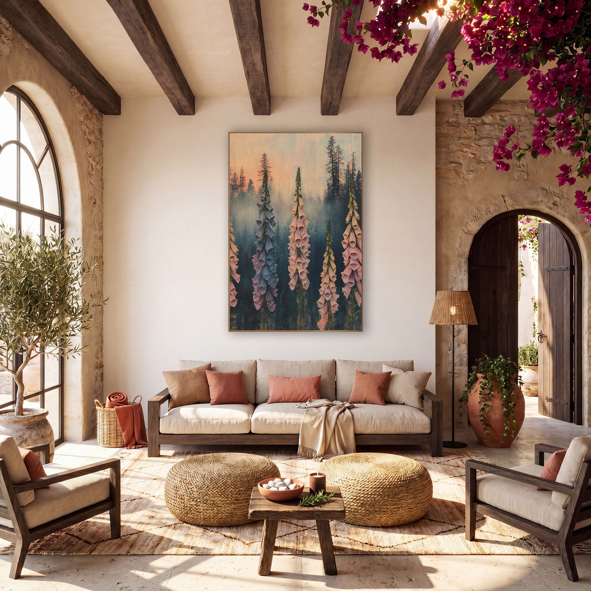 Misty Foxglove Spires Boho Botanical wall art in a warm boho-style room – five tall pink and blue foxglove spikes