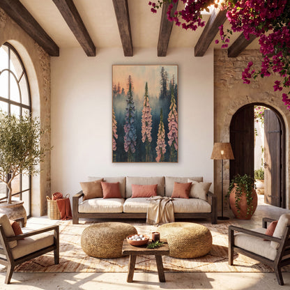 Misty Foxglove Spires Boho Botanical wall art in a warm boho-style room – five tall pink and blue foxglove spikes
