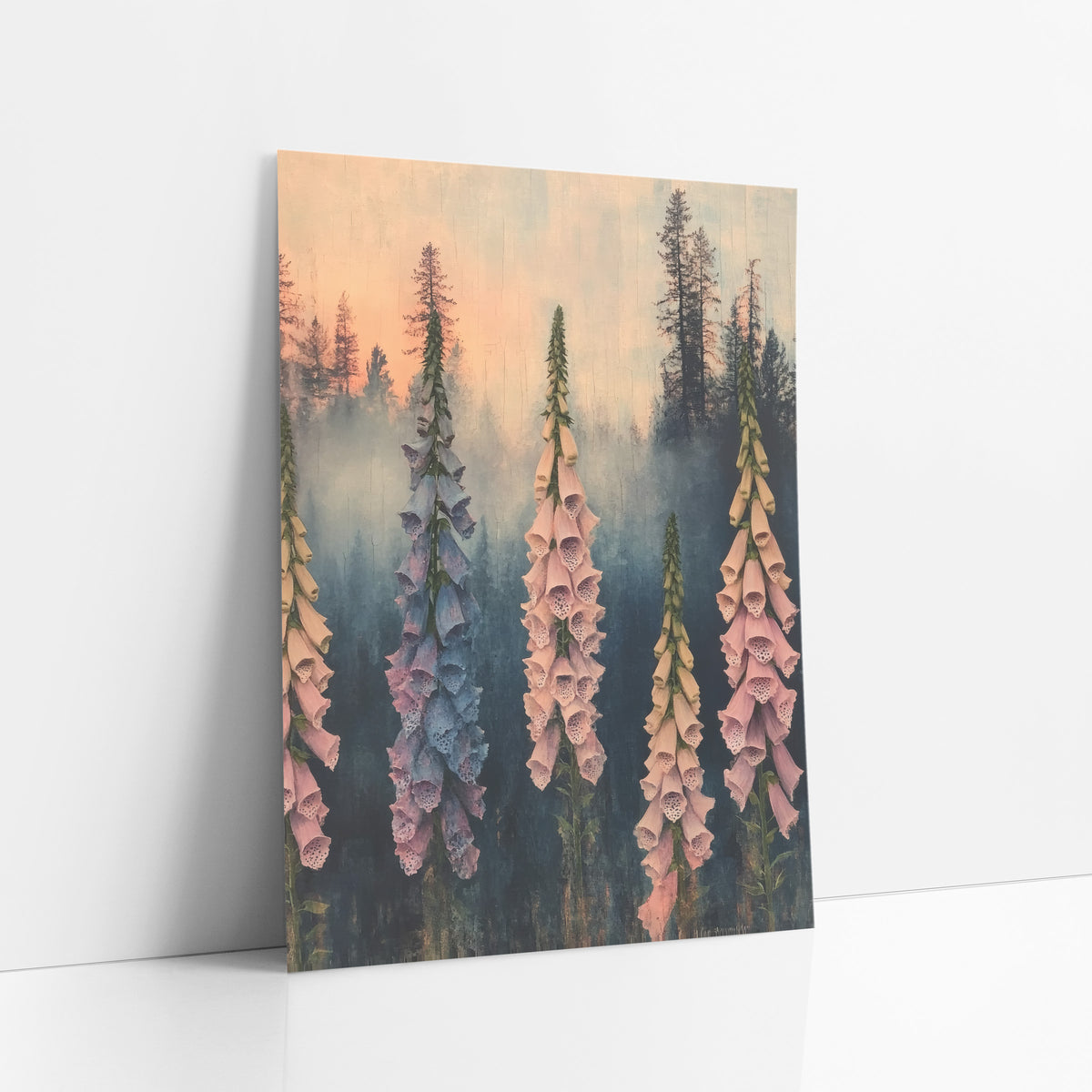 Misty Foxglove Spires Boho Botanical art print leaning against a white wall – five tall pink and blue foxglove spikes