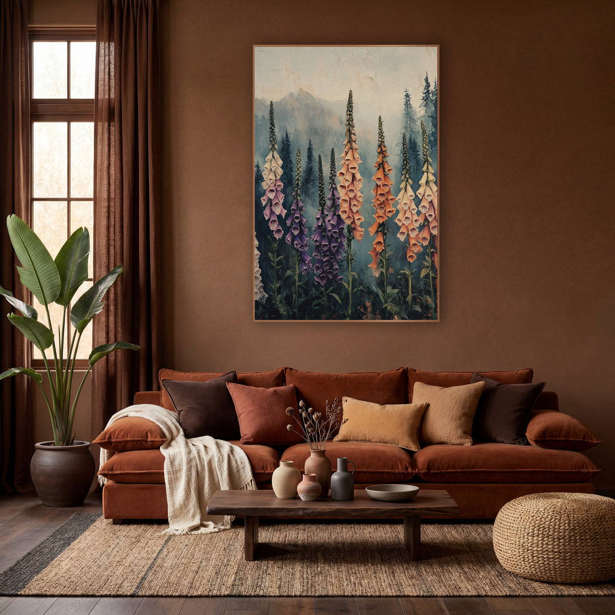 Rainbow Foxglove Grove Painterly wall art in a warm boho-style room – tall peach, purple and cream foxglove spikes