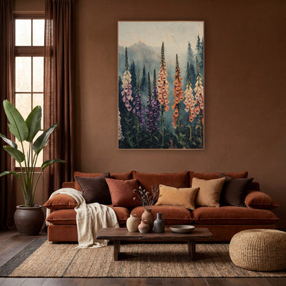 Rainbow Foxglove Grove Painterly wall art in a warm boho-style room – tall peach, purple and cream foxglove spikes