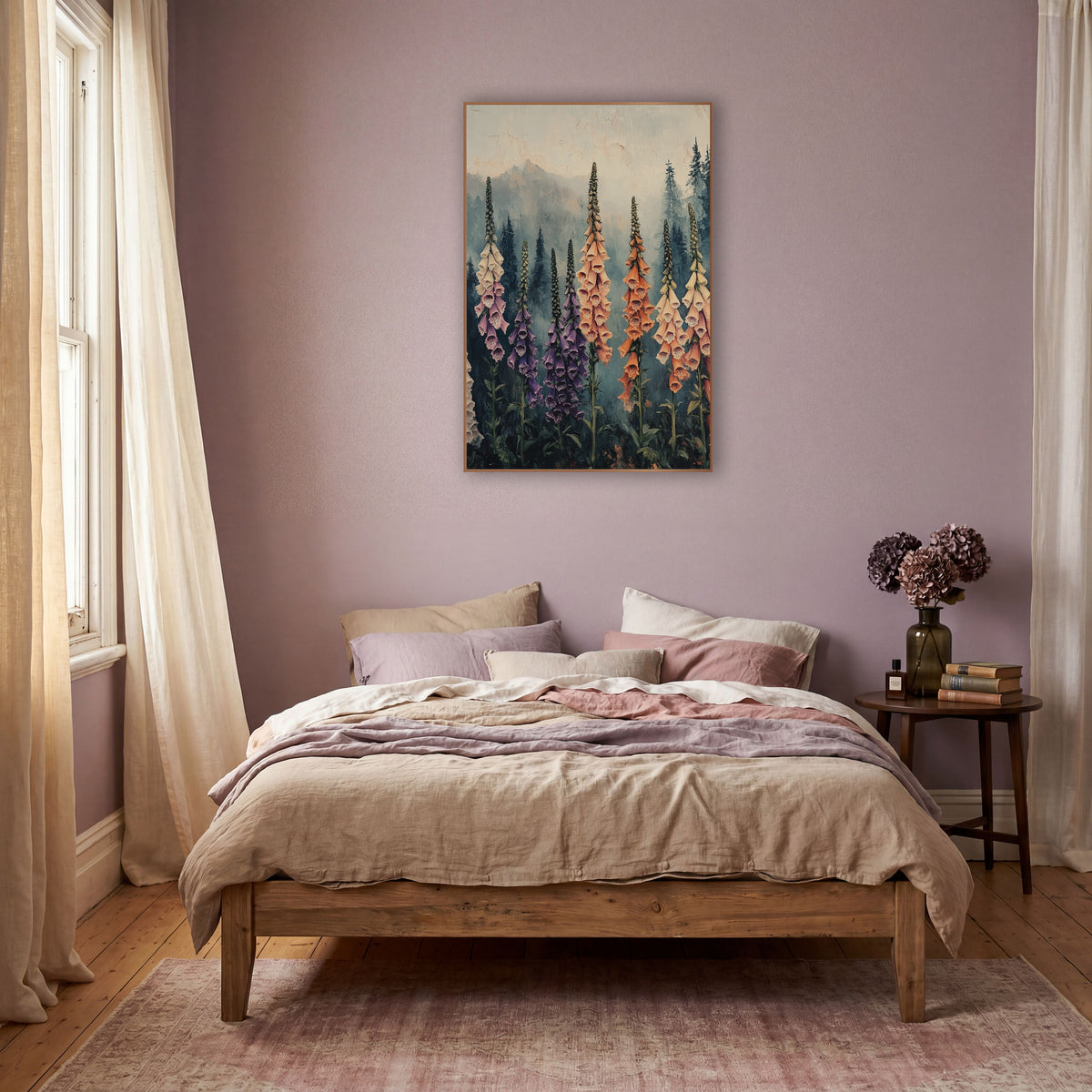 Rainbow Foxglove Grove Painterly wall art in a warm boho-style room – tall peach, purple and cream foxglove spikes