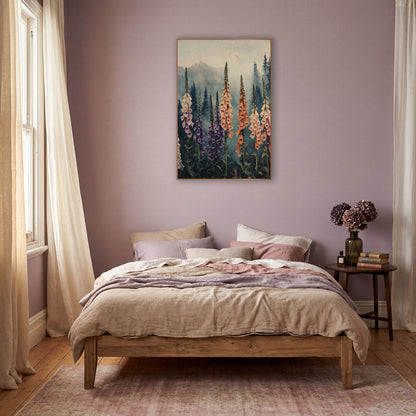 Rainbow Foxglove Grove Painterly wall art in a warm boho-style room – tall peach, purple and cream foxglove spikes