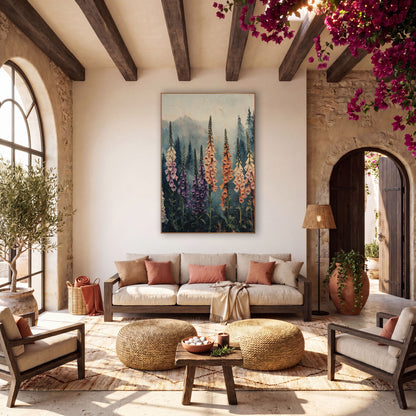 Rainbow Foxglove Grove Painterly wall art in a warm boho-style room – tall peach, purple and cream foxglove spikes