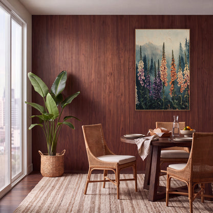 Rainbow Foxglove Grove Painterly wall art in a warm boho-style room – tall peach, purple and cream foxglove spikes