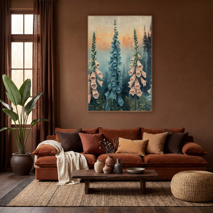 Blush and Blue Foxglove Botanical wall art in a warm boho-style room – tall blush pink and dusty blue foxglove spires