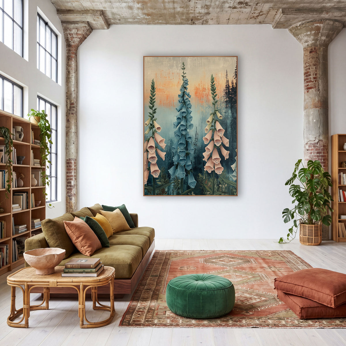Blush and Blue Foxglove Botanical wall art in a warm boho-style room – tall blush pink and dusty blue foxglove spires