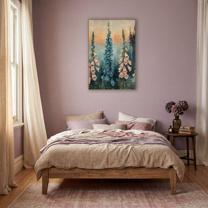 Blush and Blue Foxglove Botanical wall art in a warm boho-style room – tall blush pink and dusty blue foxglove spires