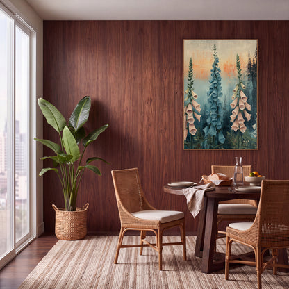 Blush and Blue Foxglove Botanical wall art in a warm boho-style room – tall blush pink and dusty blue foxglove spires