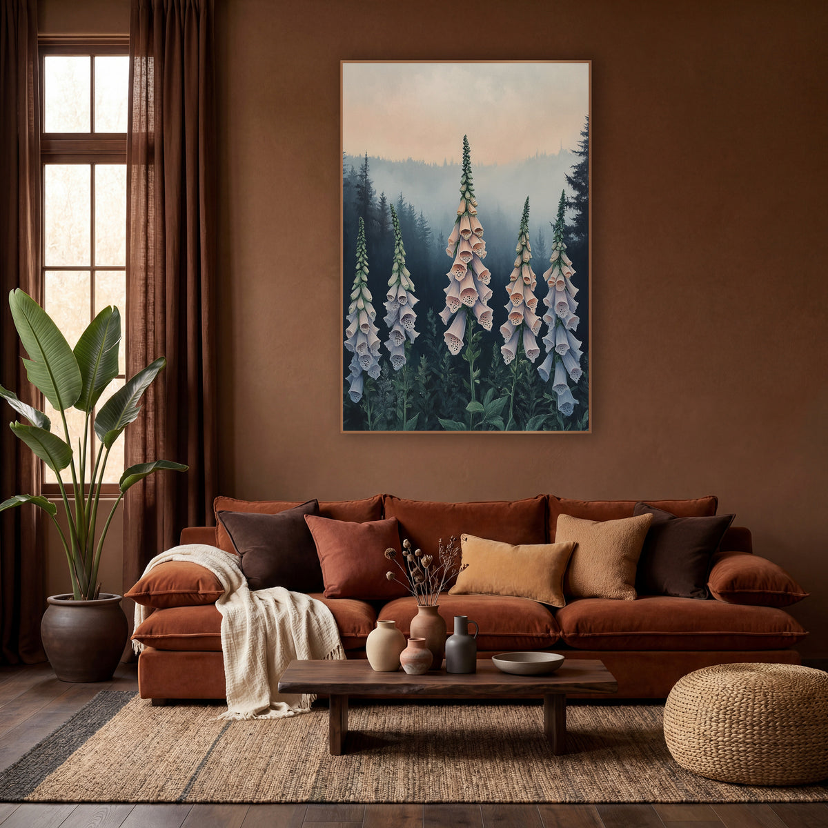 Peach Dusk Foxgloves Moody wall art in a warm boho-style room – five tall peach and lavender foxglove spikes in front