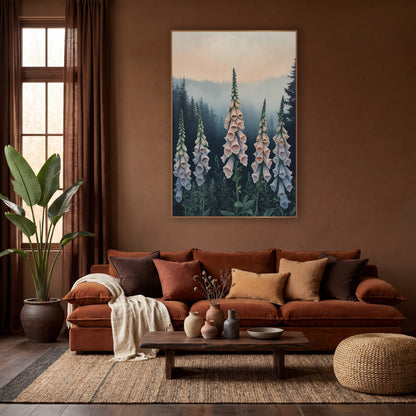 Peach Dusk Foxgloves Moody wall art in a warm boho-style room – five tall peach and lavender foxglove spikes in front
