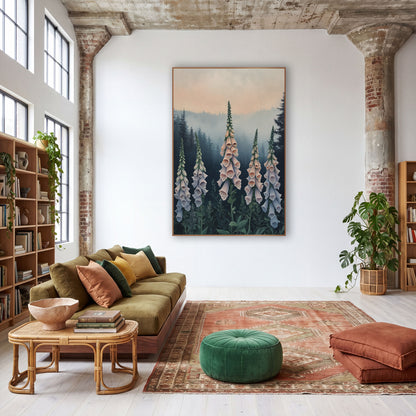 Peach Dusk Foxgloves Moody wall art in a warm boho-style room – five tall peach and lavender foxglove spikes in front