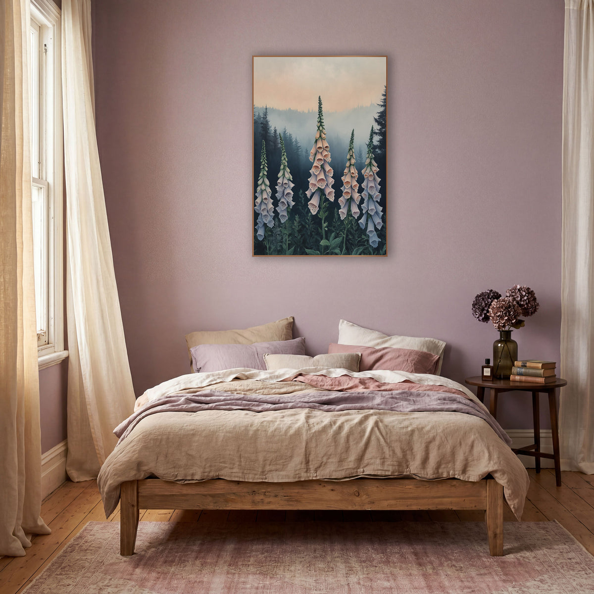 Peach Dusk Foxgloves Moody wall art in a warm boho-style room – five tall peach and lavender foxglove spikes in front