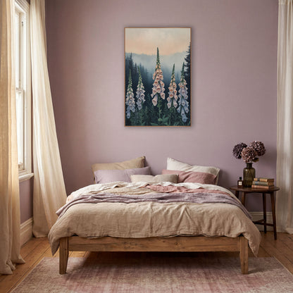 Peach Dusk Foxgloves Moody wall art in a warm boho-style room – five tall peach and lavender foxglove spikes in front