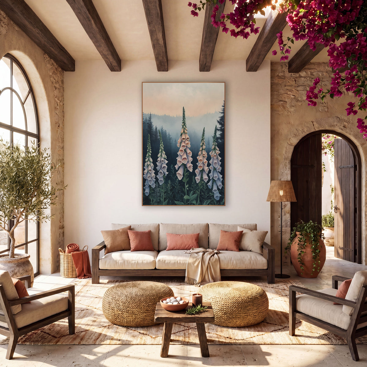 Peach Dusk Foxgloves Moody wall art in a warm boho-style room – five tall peach and lavender foxglove spikes in front