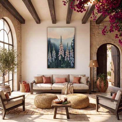 Peach Dusk Foxgloves Moody wall art in a warm boho-style room – five tall peach and lavender foxglove spikes in front