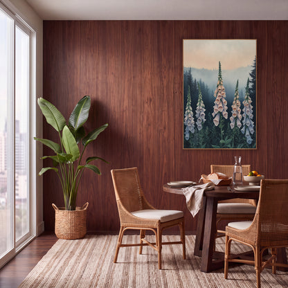 Peach Dusk Foxgloves Moody wall art in a warm boho-style room – five tall peach and lavender foxglove spikes in front