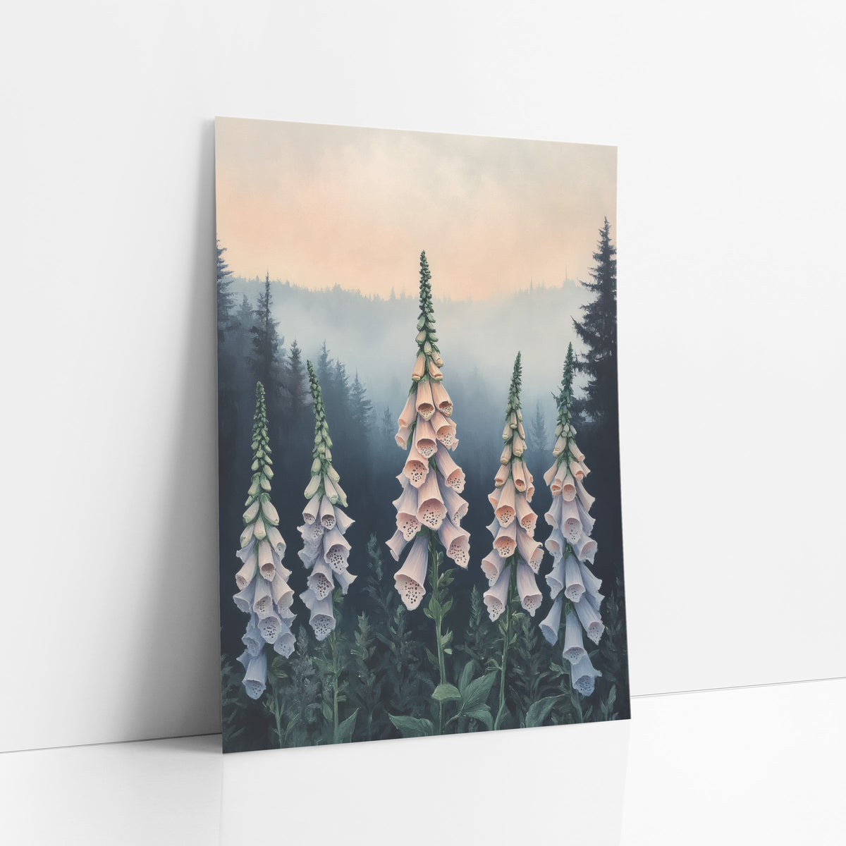 Peach Dusk Foxgloves Moody art print leaning against a white wall – five tall peach and lavender foxglove spikes in front
