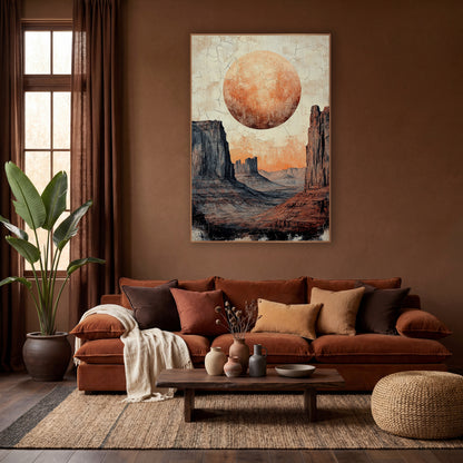 Terracotta Desert Moon Mesa Boho wall art in a warm boho-style room – large orange full moon above tall red and gray