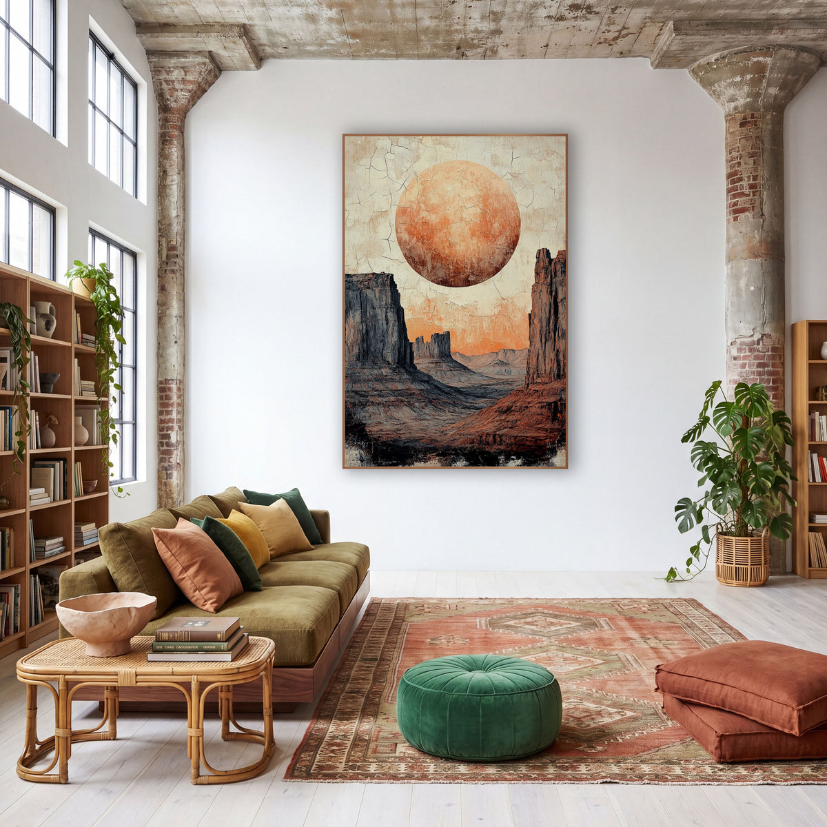Terracotta Desert Moon Mesa Boho wall art in a warm boho-style room – large orange full moon above tall red and gray