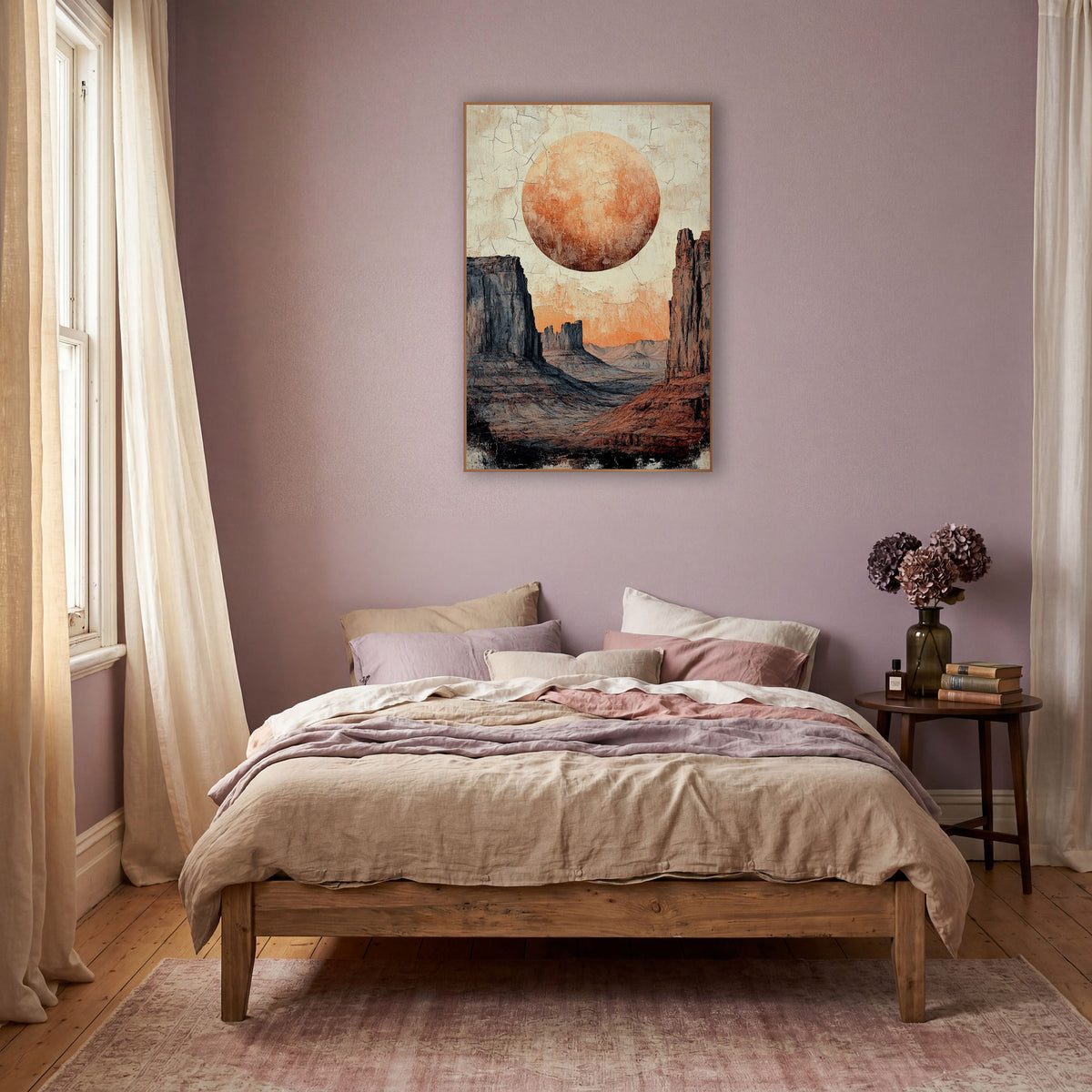Terracotta Desert Moon Mesa Boho wall art in a warm boho-style room – large orange full moon above tall red and gray