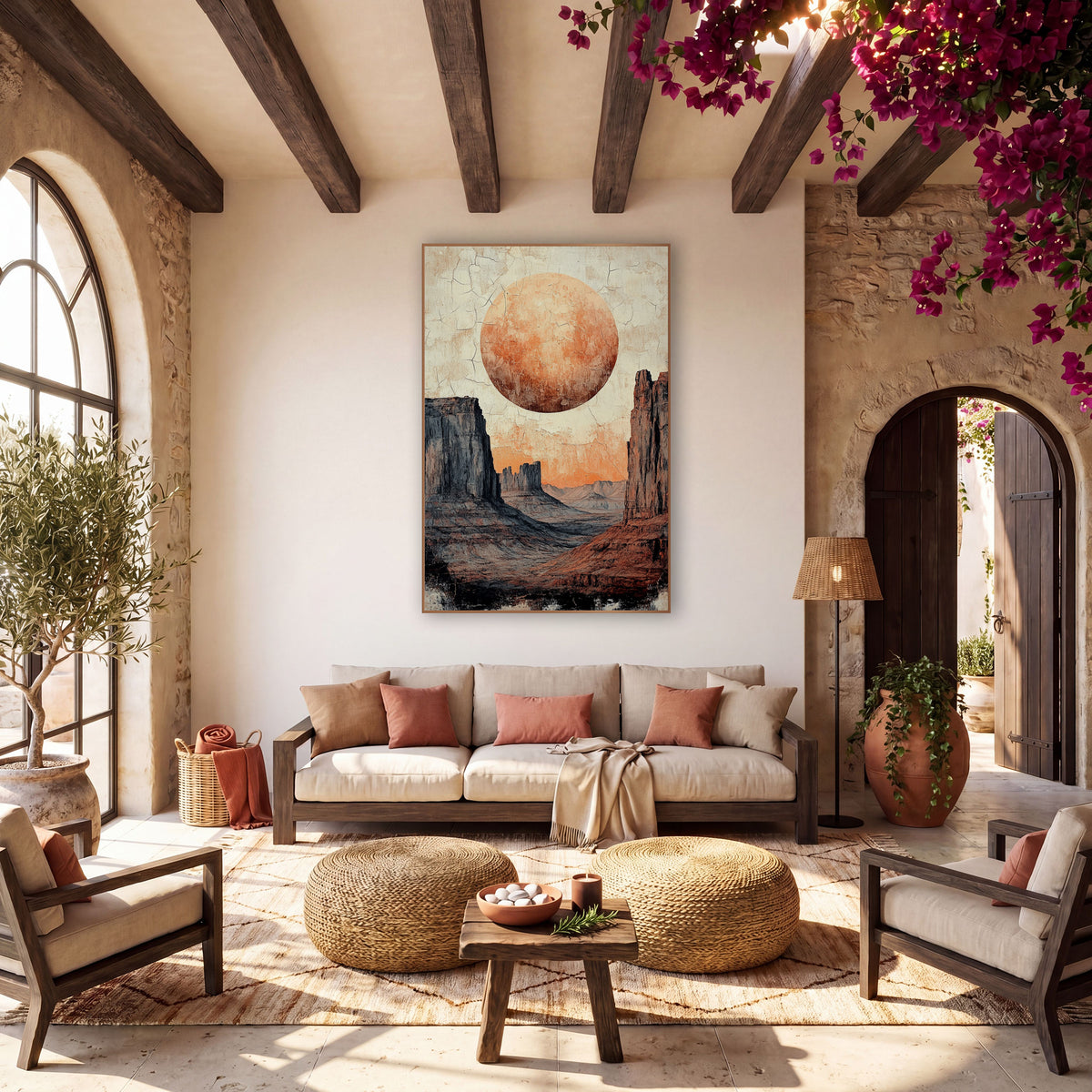 Terracotta Desert Moon Mesa Boho wall art in a warm boho-style room – large orange full moon above tall red and gray
