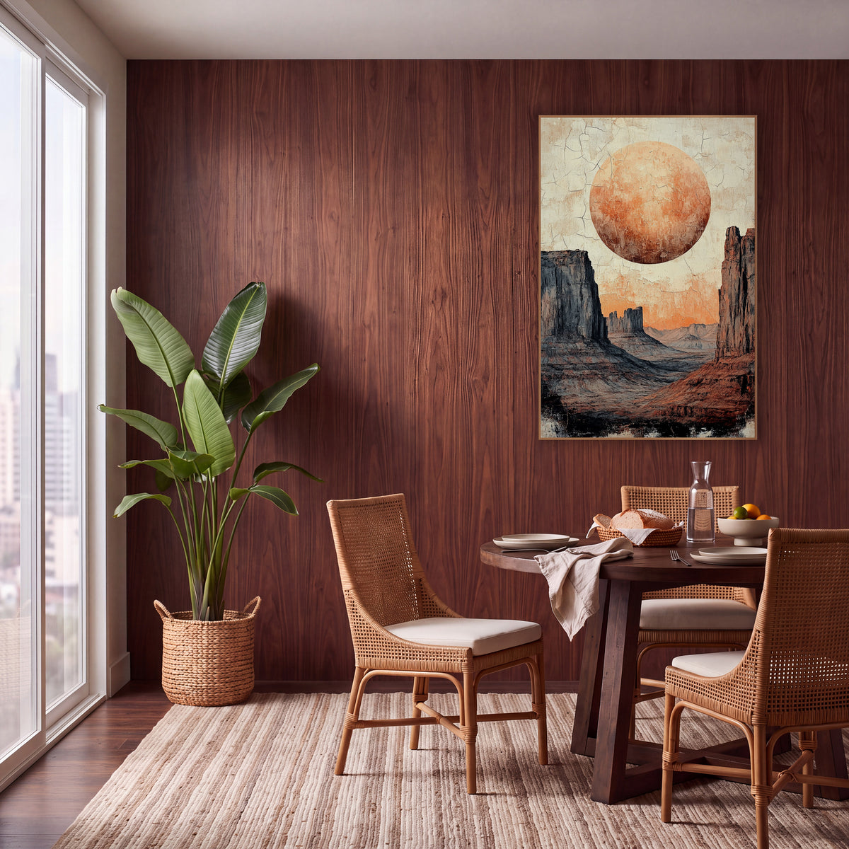 Terracotta Desert Moon Mesa Boho wall art in a warm boho-style room – large orange full moon above tall red and gray