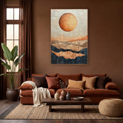 Copper Moon Layered Mesas Boho wall art in a warm boho-style room – large copper moon over layered desert mesas