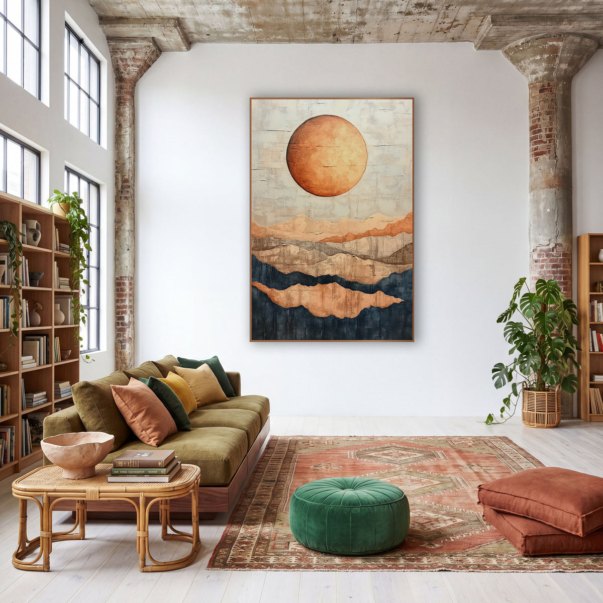 Copper Moon Layered Mesas Boho wall art in a warm boho-style room – large copper moon over layered desert mesas