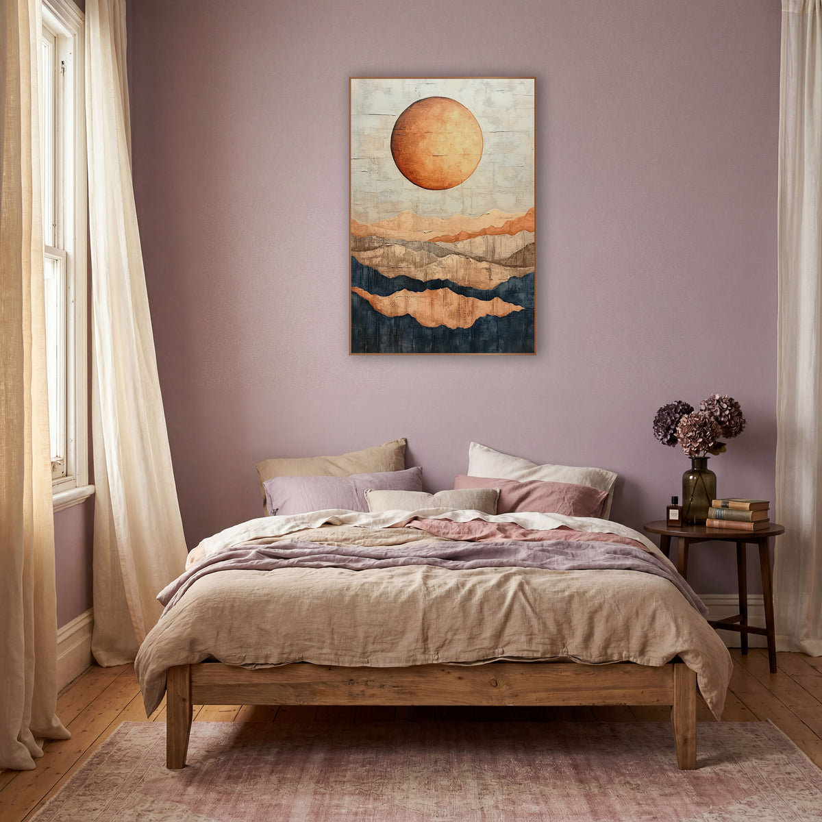 Copper Moon Layered Mesas Boho wall art in a warm boho-style room – large copper moon over layered desert mesas