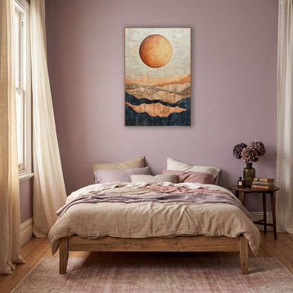 Copper Moon Layered Mesas Boho wall art in a warm boho-style room – large copper moon over layered desert mesas