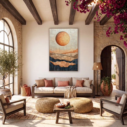 Copper Moon Layered Mesas Boho wall art in a warm boho-style room – large copper moon over layered desert mesas