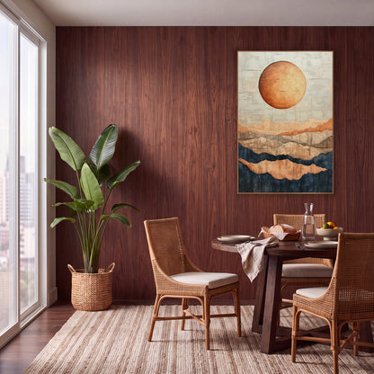 Copper Moon Layered Mesas Boho wall art in a warm boho-style room – large copper moon over layered desert mesas