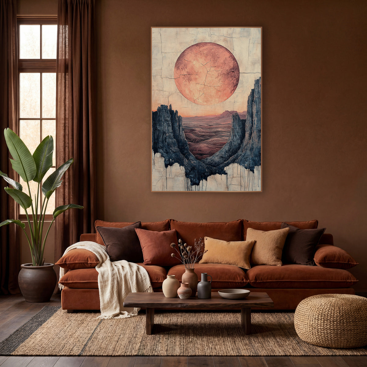 Terracotta Moon Desert Canyon Boho wall art in a warm boho-style room – large terracotta moon above a desert valley