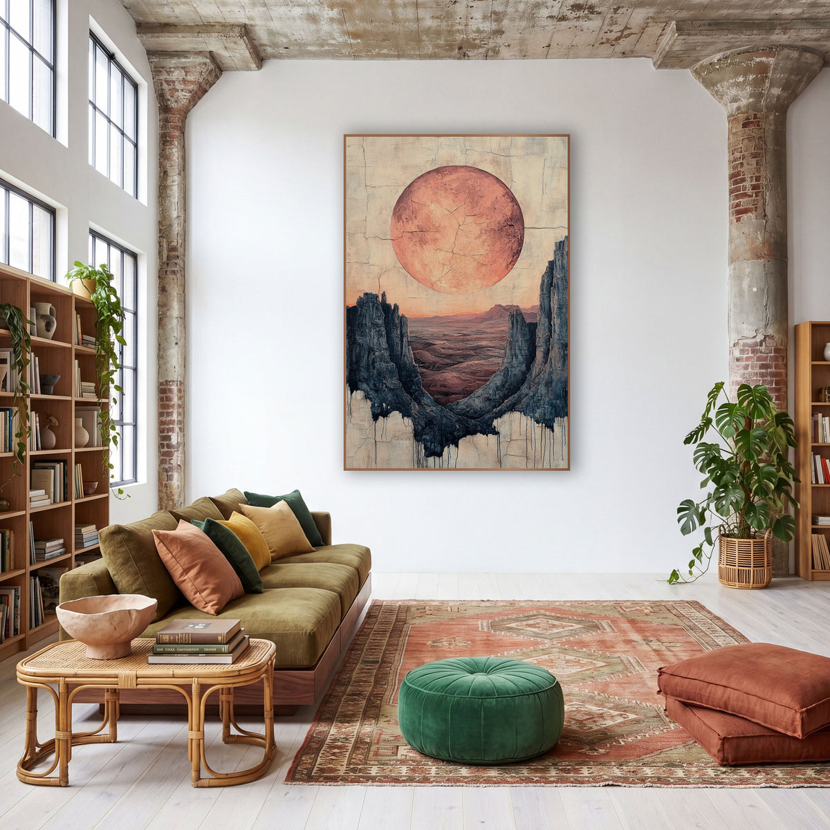 Terracotta Moon Desert Canyon Boho wall art in a warm boho-style room – large terracotta moon above a desert valley