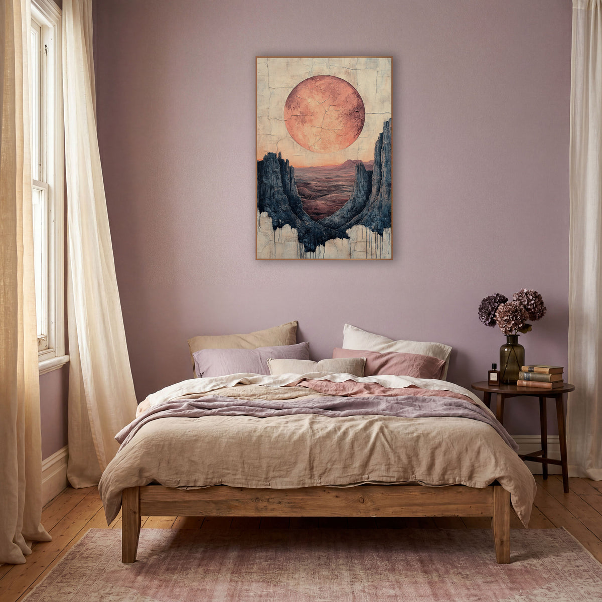 Terracotta Moon Desert Canyon Boho wall art in a warm boho-style room – large terracotta moon above a desert valley