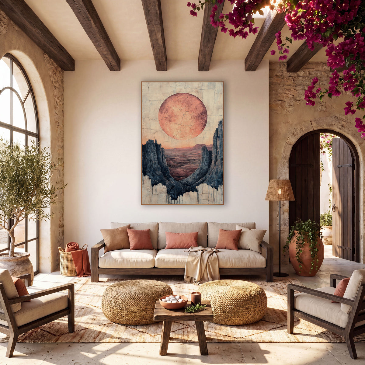 Terracotta Moon Desert Canyon Boho wall art in a warm boho-style room – large terracotta moon above a desert valley
