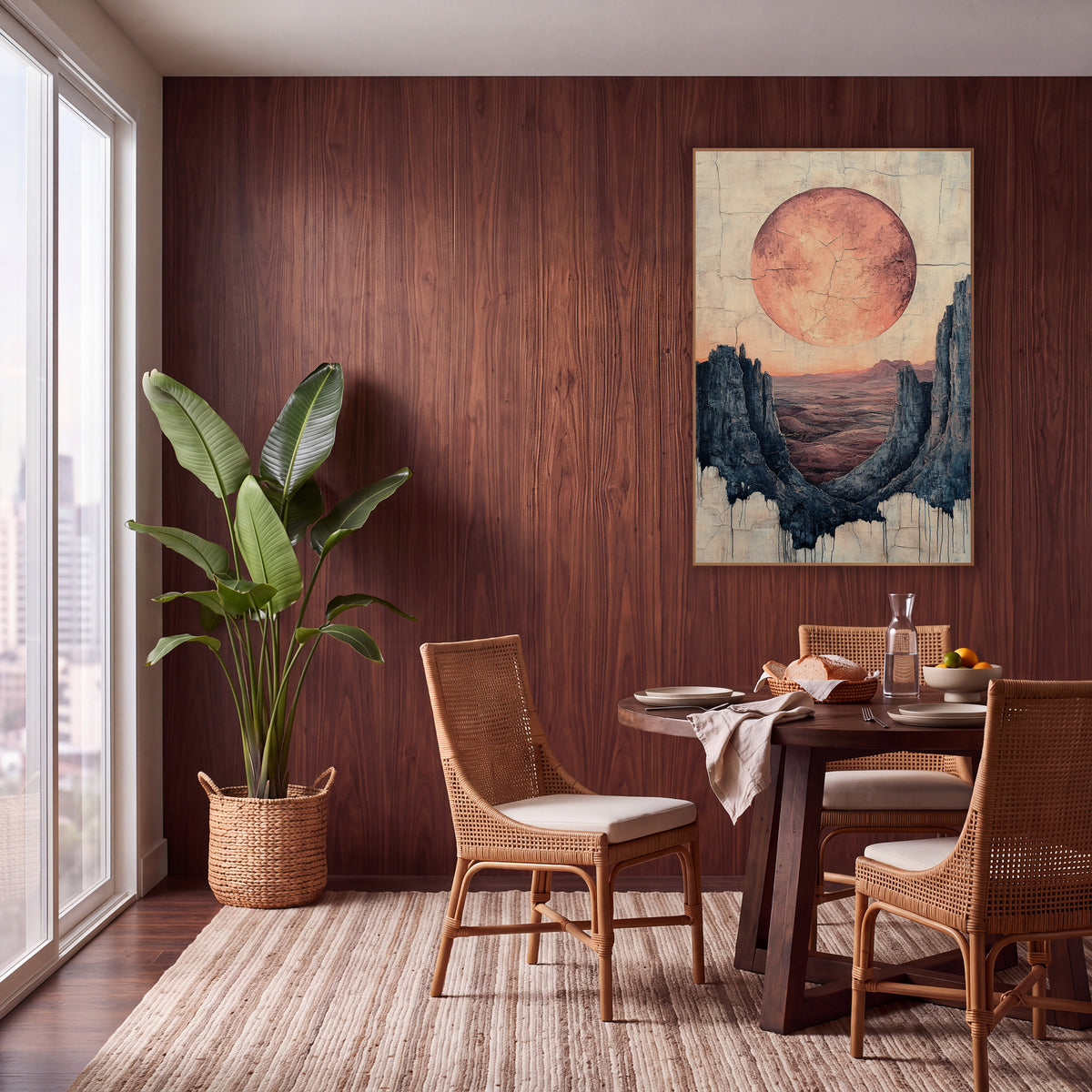 Terracotta Moon Desert Canyon Boho wall art in a warm boho-style room – large terracotta moon above a desert valley